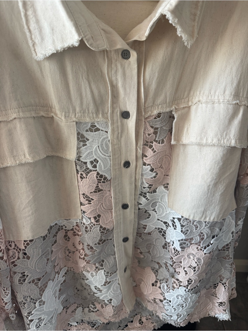 POL Cream and Blush Lace-Panel Button Down Shirt - Picture 2 of 3